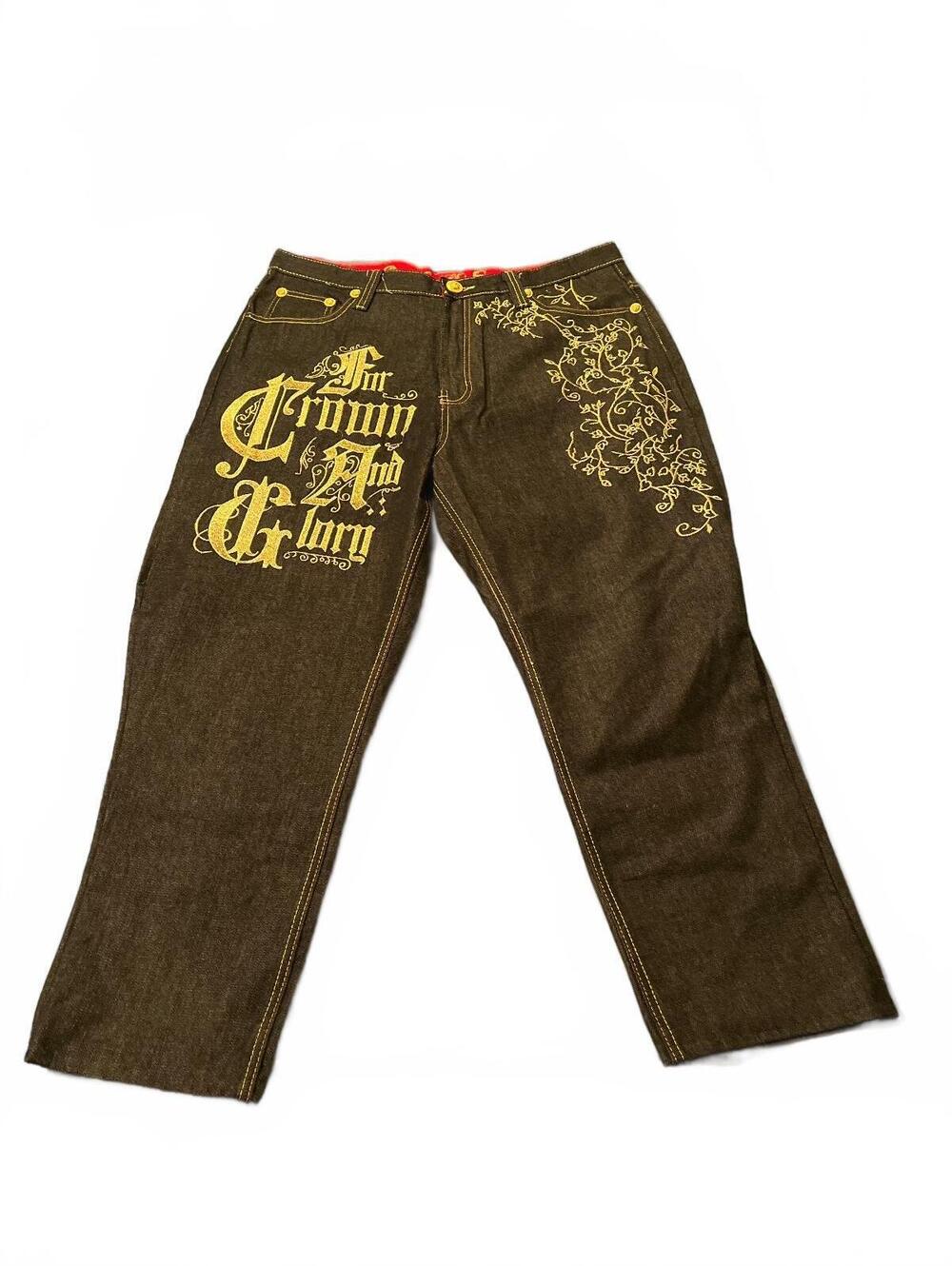 Crown Holder Y2K Embroidered Jeans size 38x27 Black with Gold and Red Embroidery